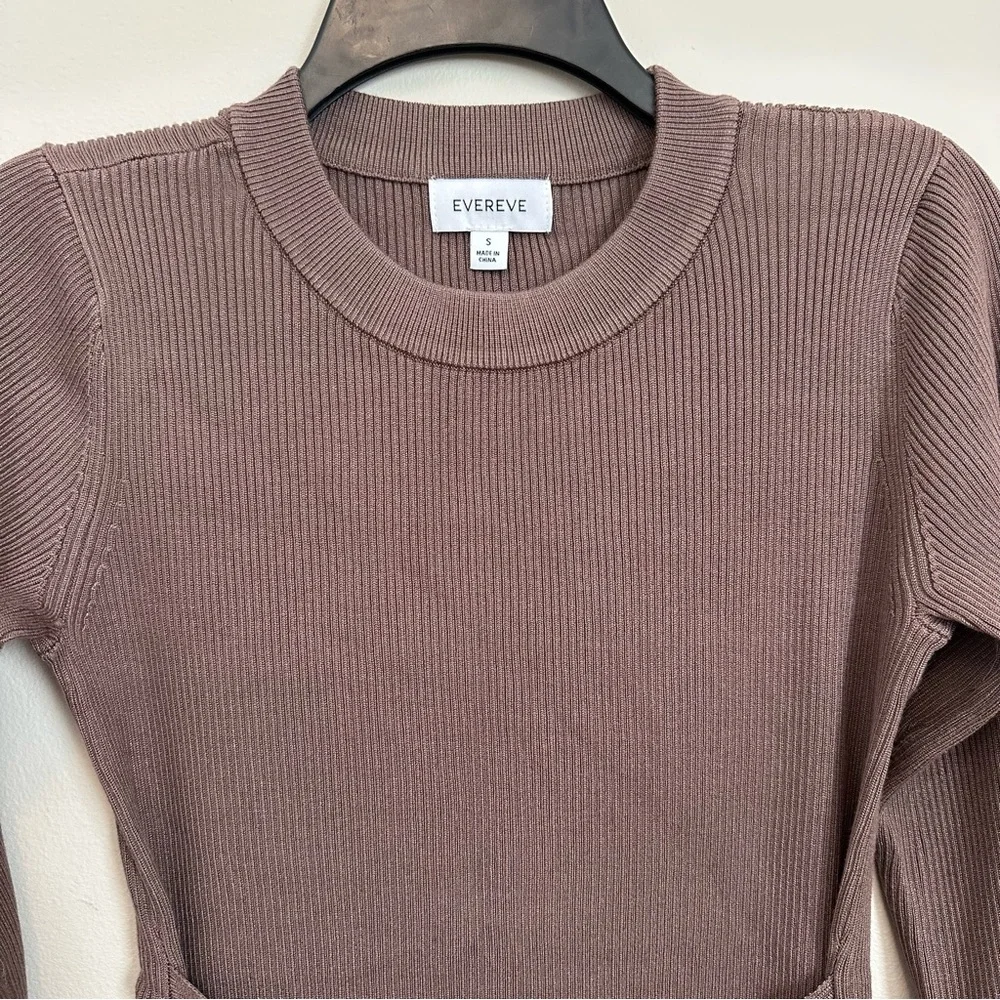 Evereve Ribbed Knit Tie Waist Midi Dress Brown Long Sleeve Size Small Minimalist - Picture 4 of 8